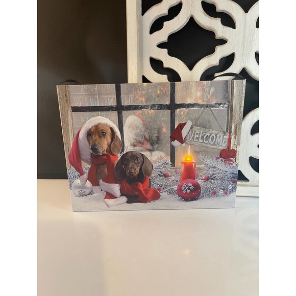 Lighted Dachshund Santa Hat‎ Holiday Scene Canvas Wall Hanging Tested & Works - Picture 9 of 10
